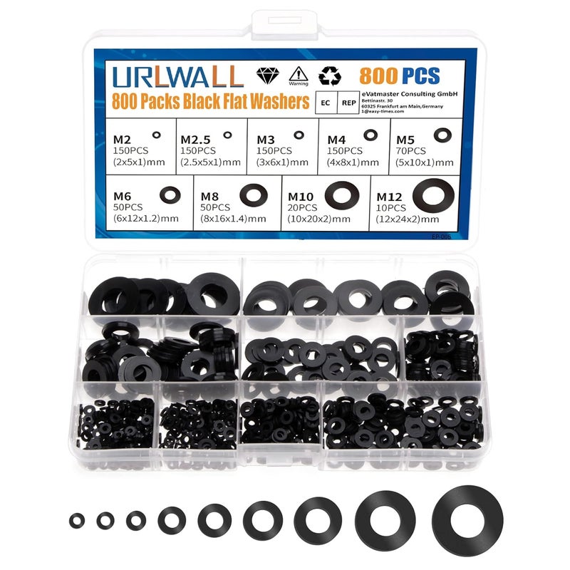 URLWALL 800Pcs Nylon Flat Washer Assortment Set, Washers Metric Sealing Spacer Gasket Ring Washers Set, 9 Sizes - M2, M2.5, M3, M4, M5, M6, M8, M10, M12(Black) - Image 1